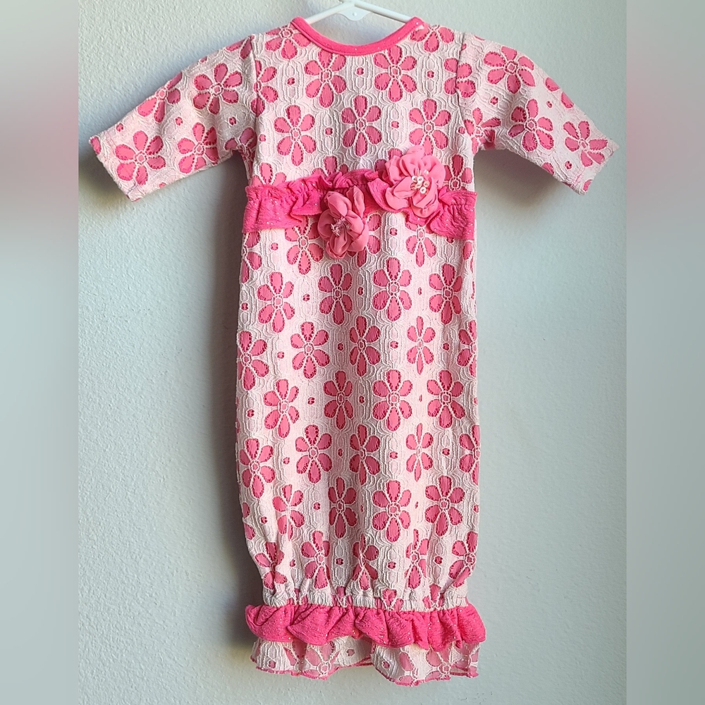 Cachcach- Girl's Pink Onsie Gown With White Flower Lace-like Overlay, Sz 0-3 M